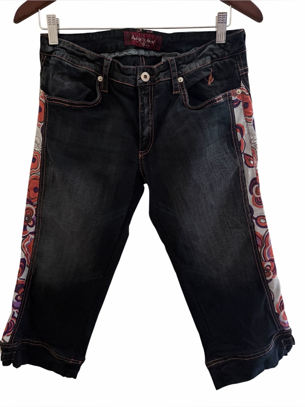 Vintage Y2K Baby Phat Capri Jeans Size 11 Low Rise Floral Panels Dark Wash